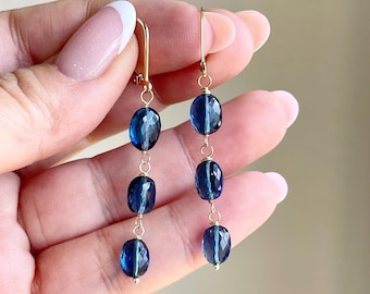 London Blue Quartz Earrings, Dark Navy Blue Earrings in Gold or Silver, Wire Wrapped Oval Dangle Boho Earrings, Blue Holiday Gift for women
