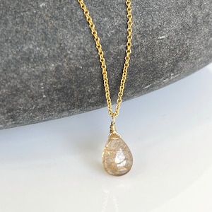Rutilated Quartz Necklace, Smooth Golden Rutile Teardrop Pendant, Simple Everyday Layering Necklace Gold or Silver, Minimalist Jewelry gift