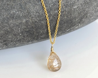 Rutilated Quartz Necklace, Smooth Golden Rutile Teardrop Pendant, Simple Everyday Layering Necklace Gold or Silver, Minimalist Jewelry gift