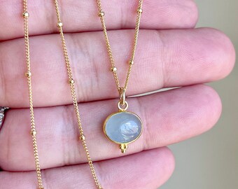 Aquamarine Necklace, March Birthstone, Milky Blue Aquamarine Oval Pendant, Minimalist Blue Layering Jewelry, March Birthday Gift for her