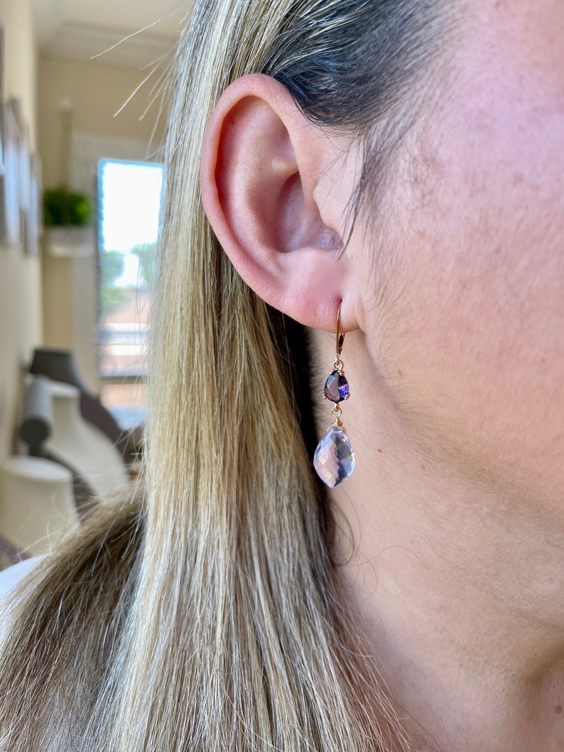 Amethyst Statement Earrings, Dark and Light Purple Dangle Earrings in Gold, February Birthstone, Lavender Elegant Drop Earrings Gift for her image 6