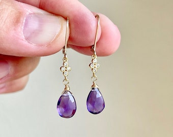 Amethyst Earrings, February Birthstone, Purple Teardrop Dangle Earrings, Minimalist Earrings Gold or Silver, Dainty Amethyst Jewelry Gift