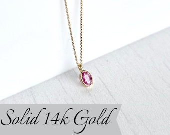 Pink Sapphire Necklace, Natural Hot Pink Sapphire Solid 14k Gold Necklace, May Birthstone, Tiny Oval Pendant, It's a Girl gift, Gift for her