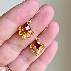 Yellow Topaz and Garnet Earrings, November Birthstone, Yellow and Red Flower Earrings in Gold or Silver, Floral Dainty Jewelry, Gift for her