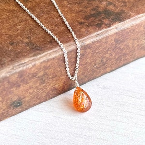 Sunstone Necklace, Smooth Orange Sunstone Teardrop Pendant, Sparkly Drop Birthstone, Layering Minimal Necklace, Minimalist Jewelry gift