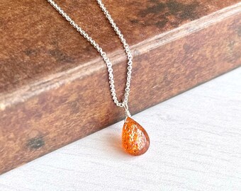 Sunstone Necklace, Smooth Orange Sunstone Teardrop Pendant, Sparkly Drop Birthstone, Layering Minimal Necklace, Minimalist Jewelry gift