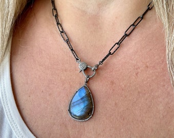 Labradorite Teardrop Statement Necklace, Blue Flash Pendant with White Topaz Pave Halo in Oxidized Silver, Front Clasp Jewelry Gift for mom