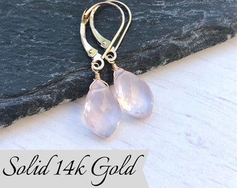 Rose Quartz Earrings, Solid Gold Rose Quartz Teardrop Earrings, Real Gold Drop, Simple Pink Earrings, Gift for her, Gift for Girlfriend wife