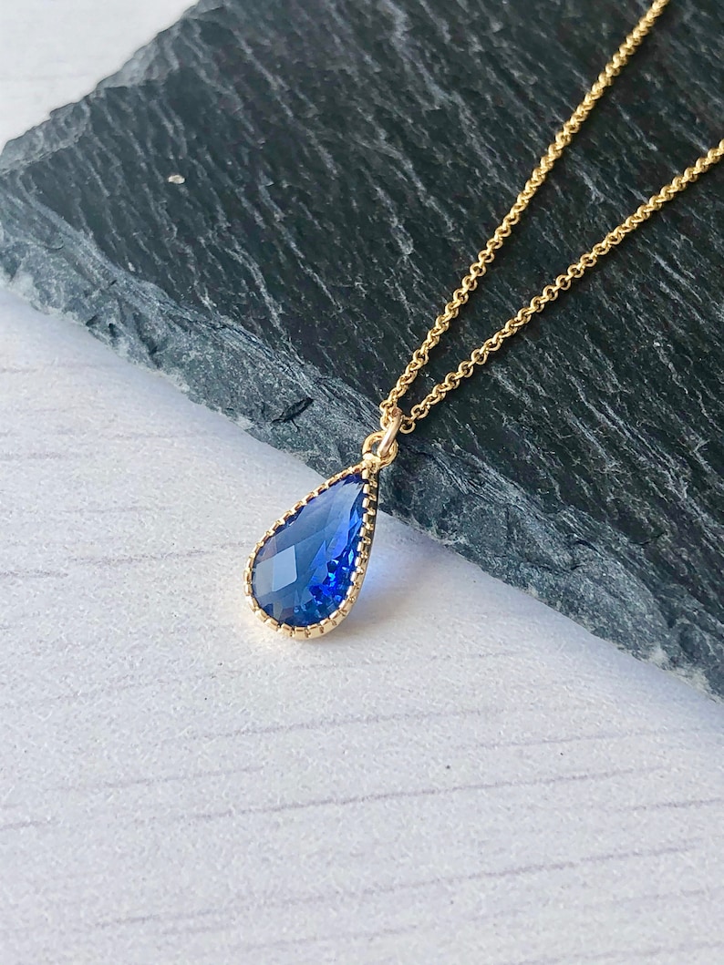 Blue Quartz Teardrop Necklace Gift for her September Birthstone Royal Blue Necklace Dainty Minimal Gold Necklace Small Sapphire Pendant