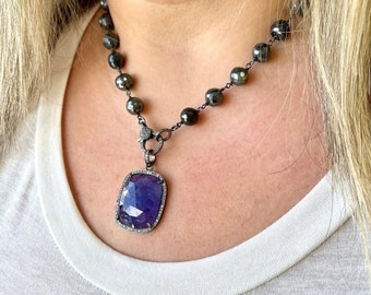 Tanzanite Statement Necklace, Periwinkle Tanzanite Diamond Halo Square Pendant, Labradorite Beaded Chain Black Silver, Diamond Jewelry Gift