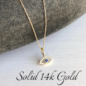 Collier mauvais œil, petit pendentif de protection en diamants et saphirs bleus, or massif 14 carats jaune ou blanc, bijoux en or minimalistes, cadeau de la kabbale