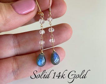 Labradorite and Rainbow Moonstone Earrings, Solid 14k Gold Blue and White Dangle Drops, Elegant Beaded Earrings Real Gold, Gift for women