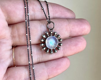 Rainbow Moonstone Stardust Necklace, Blue Flash Moonstone Sun Charm Pendant, June Birthstone Black Oxidized Silver Jewelry Mother's Day Gift