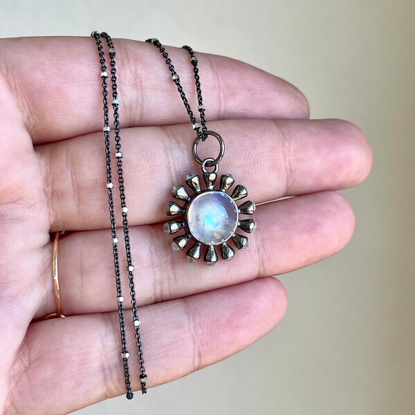 Rainbow Moonstone Stardust Necklace, Blue Flash Moonstone Sun Charm Pendant, June Birthstone Black Oxidized Silver Jewelry Mother's Day Gift