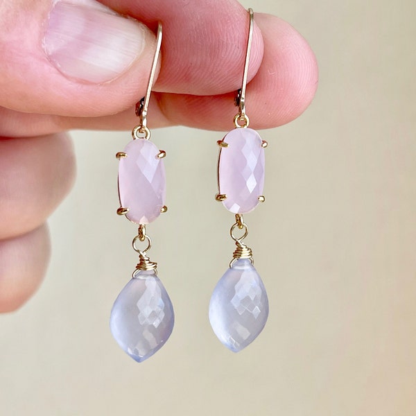 Rose Quartz and Lilac Chalcedony Earrings, Pink and Purple Statement Earrings, Gold Teardrop Earrings, Lavender and Pink Drops, Gift for her