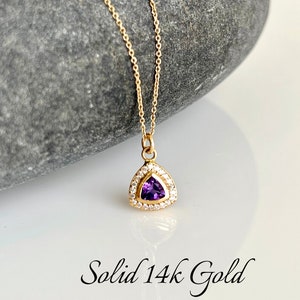 Amethyst Necklace, Purple Amethyst and Diamond Pendant in Solid 14k Gold Chain, February Birthstone, Gold Minimalist Jewelry Gift for women image 5