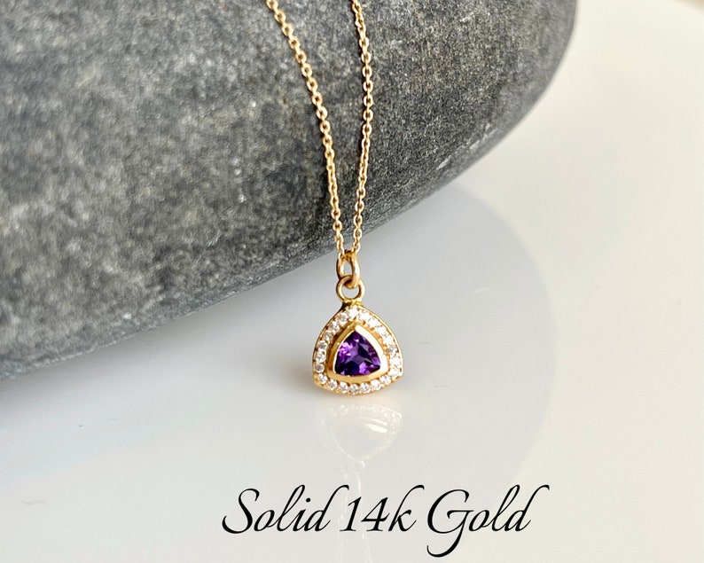 Amethyst Necklace, Purple Amethyst and Diamond Pendant in Solid 14k Gold Chain, February Birthstone, Gold Minimalist Jewelry Gift for women image 5