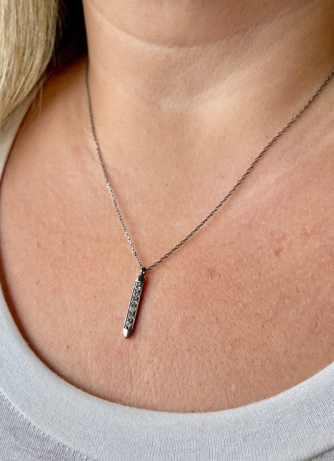 Vertical Bar Diamond Necklace Pave Small Charm Pendant Genuine 