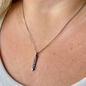 Vertical Bar Diamond Necklace, Pave Small Charm Pendant, Genuine Diamond Oxidized Silver Jewelry, Black Rhodium Tiny Bar, Gift for Women
