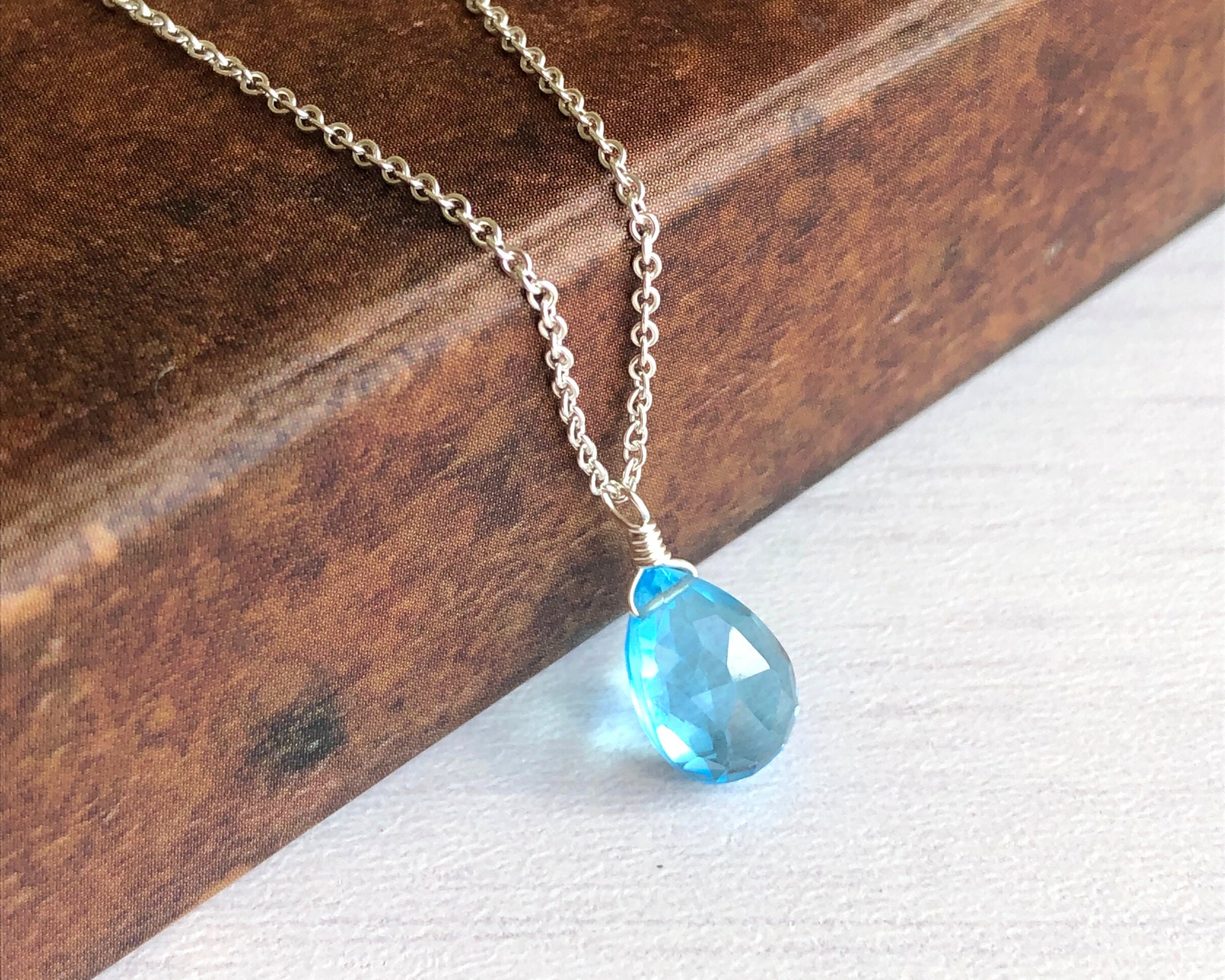 Blue Topaz Necklace, Sky Blue Topaz Teardrop Pendant, December 