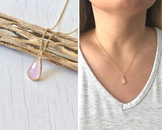 Buy Rose Quartz Necklace, Pink Teardrop Pendant, Minimalist Light 