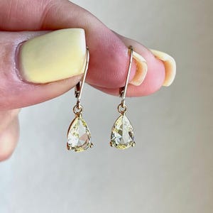 Yellow Topaz Earrings, November Birthstone, Tiny Light Yellow Teardrop Earrings in Gold or Silver, Pear Shape Drop Prong Jewelry for women