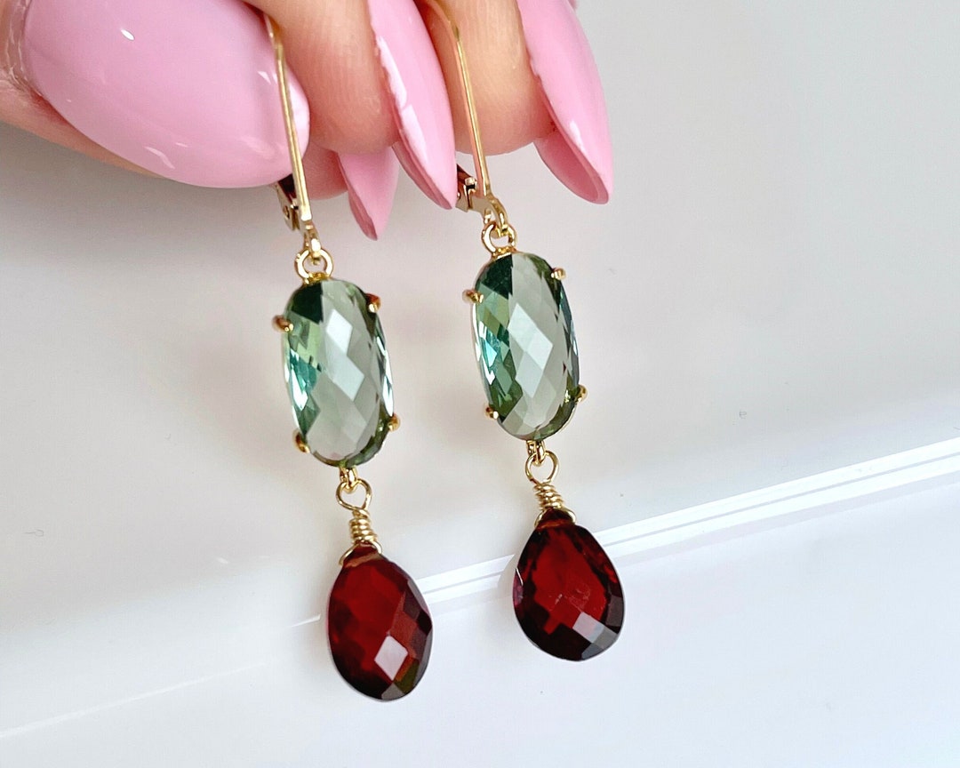 Green Topaz and Garnet Earrings, January Birthstone, Green and Red ...