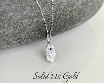 Hamsa Hand of God Necklace, Tiny Diamond and Blue Sapphire Hand of Fatima Pendant in Solid 14k White Gold, Minimalist Jewelry, Kabbalah Gift