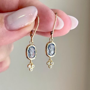 Tanzanite Quartz Earrings, Tiny Periwinkle Rectangle Earrings in Gold or Silver, Powder Blue Baguette Summer Drops, Holiday Gift for her