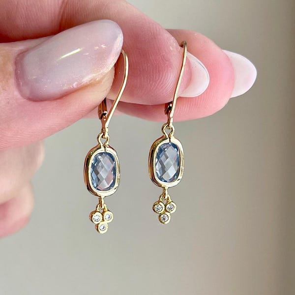 Tanzanite Quartz Earrings, Tiny Periwinkle Rectangle Earrings in Gold or Silver, Powder Blue Baguette Summer Drops, Holiday Gift for her