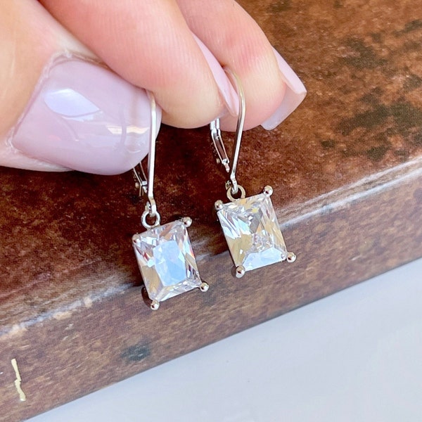White Topaz Earrings, April Birthstone, Clear Emerald Cut Earrings in Gold or Silver, Rectangular Baguette Drops, Christmas Day Jewelry Gift