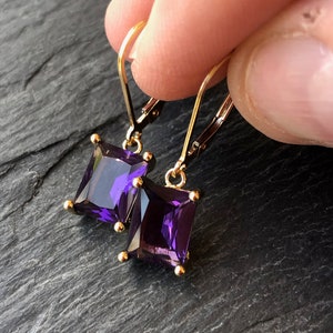 Amethyst Earrings, February Birthstone, Dark Purple Amethyst Emerald Cut Earrings in Gold or Silver, Rectangle prong Drops, Gift under 50 image 2