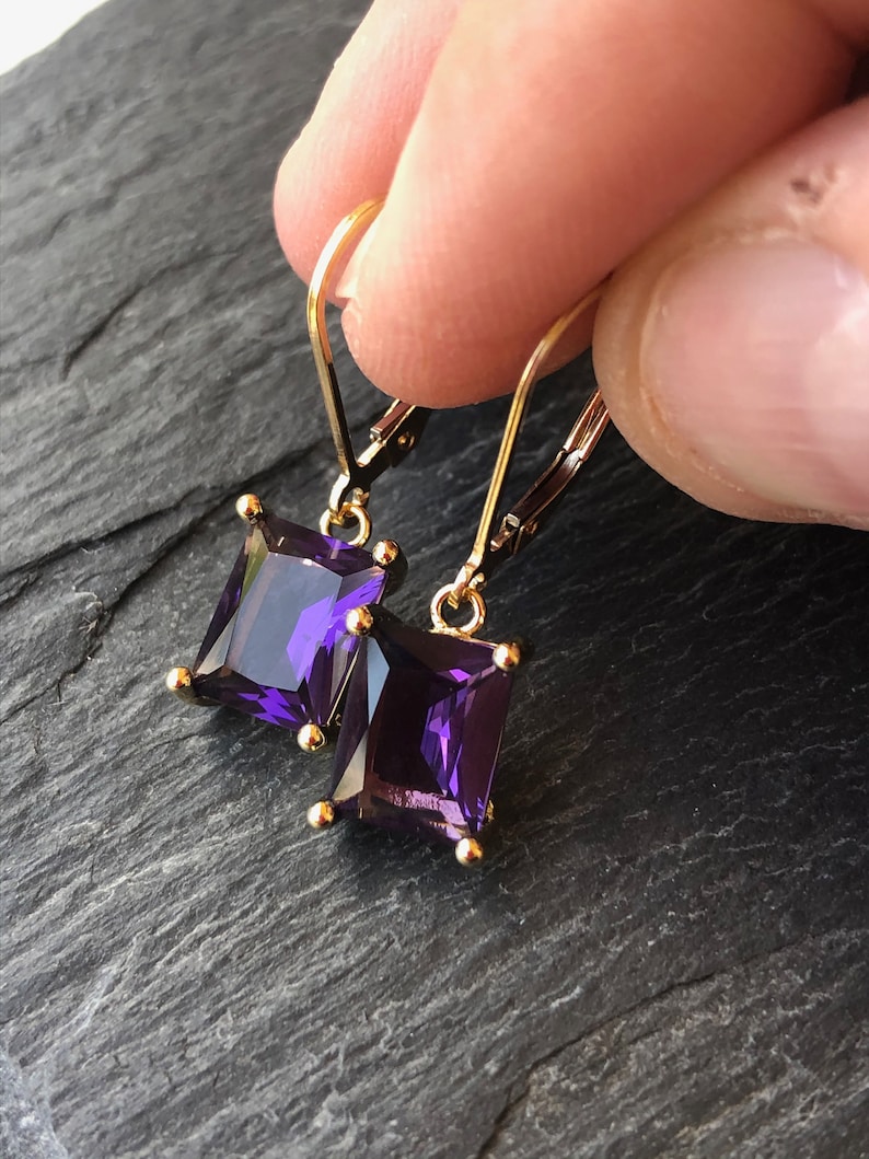 Amethyst Earrings, February Birthstone, Dark Purple Amethyst Emerald Cut Earrings in Gold or Silver, Rectangle prong Drops, Gift under 50 image 2