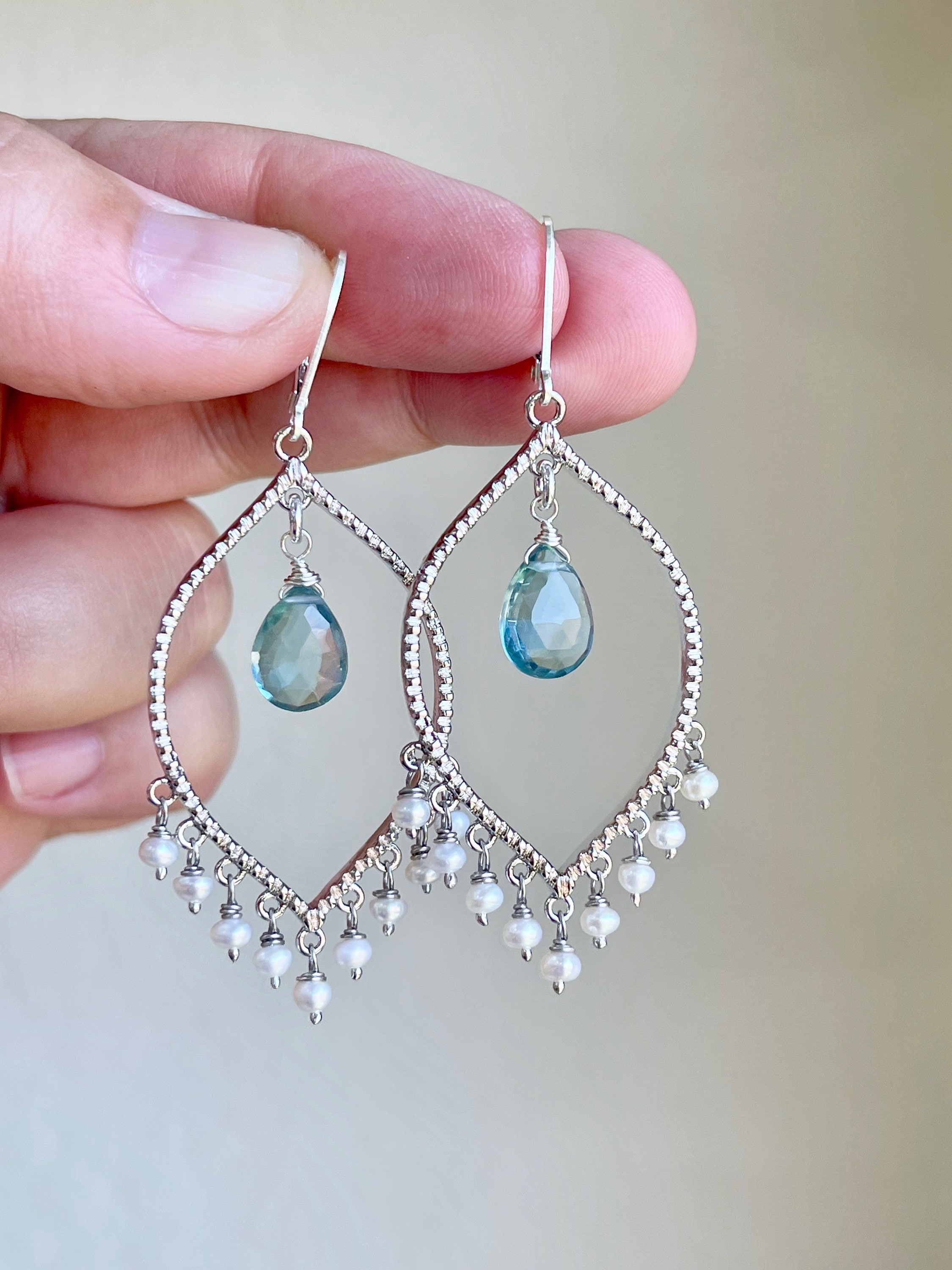 Pearl Chandelier Earrings, Aquamarine Earrings, June