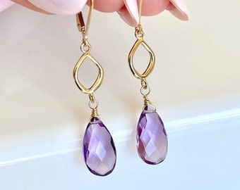 Amethyst Earrings, February Birthstone, Purple Amethyst Elongated Earrings Gold or Silver, Boho Chic Long Dangle Drops, Gift for women