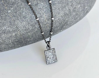 Rectangle Diamond Necklace, Pave Diamond Tiny Charm Pendant, Genuine Diamond Oxidized Silver Jewelry, Black Rhodium Gift for Mother's Day