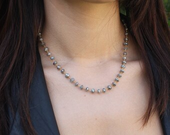 Bezeled Labradorite oval Long NecklaceGold beaded