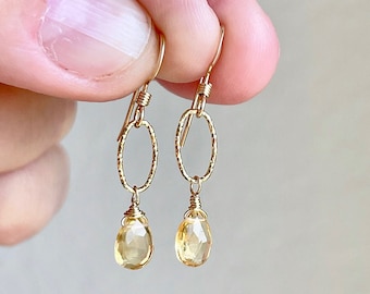 Citrine Earrings, November Birthstone, Yellow Citrine Dangle Gold Earrings, Minimalist Teardrop Jewelry, Minimal Citrine Gift for her