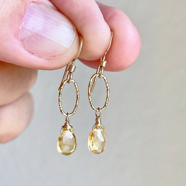 Citrine Earrings, November Birthstone, Yellow Citrine Dangle Gold Earrings, Minimalist Teardrop Jewelry, Minimal Citrine Gift for her