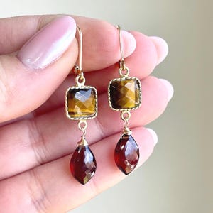 Tiger's Eye and Garnet Statement Earrings, Brown and Red Elongated Earrings in Gold, Dark Gemstone Teardrop Earrings, Boho Gift for her