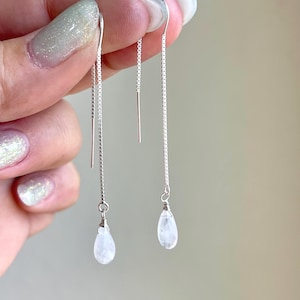 Moonstone Threader Earrings, Rainbow Moonstone Earrings, Minimalist Jewelry, Pull Through Chain Ear Threader, Summer Earrings, Gift for her