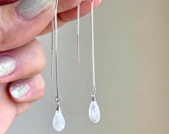 Moonstone Threader Earrings, Rainbow Moonstone Earrings, Minimalist Jewelry, Pull Through Chain Ear Threader, Summer Earrings, Gift for her