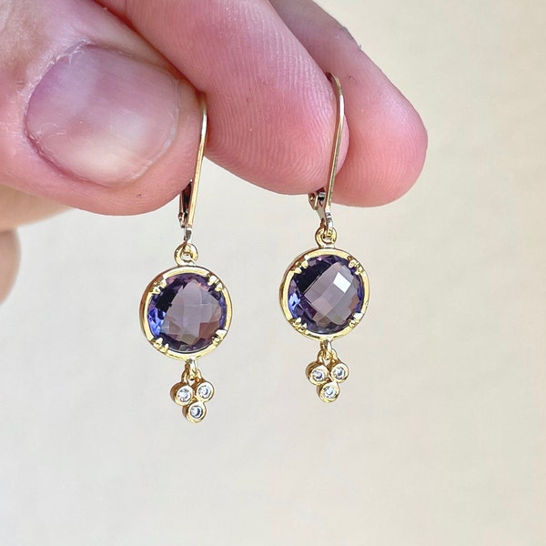 Amethyst Earrings, Round Dark Purple Earrings in Gold, Tiny Lavender Drops, February Birthstone, Amethyst Jewelry Gift for women