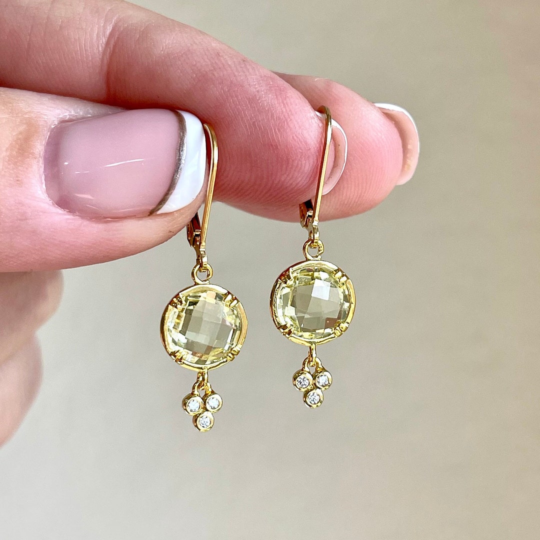Citrino e orecchini di zirconi bianchi naturali, 925 Sterling Silver, orecchini rettangolari, pietre preziose di denaro, pietra di nascita di novembre, pietra di successo, NUOVO - Italia