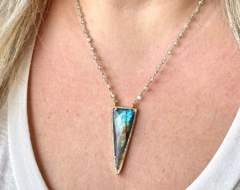 Labradorite Necklace, Fire Labradorite Triangle Statement Necklace in Gold Filled, Elegant Pave Pendant, Summer Necklace, Aqua Gift for her