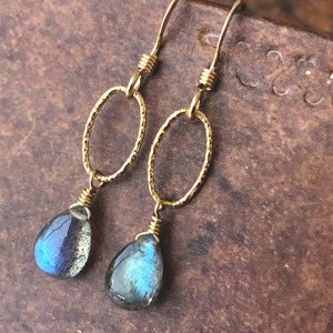 Labradorite Earrings, Blue Flash Labradorite Teardrop Earrings, Minimalist Dangle Earrings in Gold or Silver, Dainty Summer Earrings for her