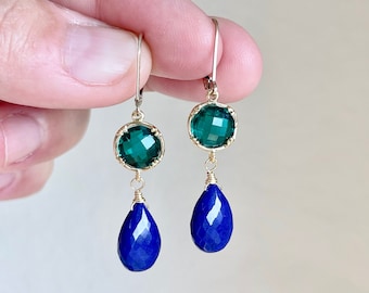 Green Quartz and Lapis Lazuli Earrings, Emerald Green and Navy Blue Statement Earrings Gold or Silver, Light Colorful Elegant Gift for women