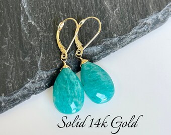 Amazonite Earrings, Natural Aqua Teal Amazonite Statement Teardrop Earrings in Real Solid 14k Yellow Gold, Summer Jewelry, Mother's Day Gift