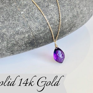 Amethyst Necklace, February Birthstone, Solid 14k Gold, Purple Amethyst Pendant, Genuine 14k chain, Dainty Layering Jewelry, Gift for her