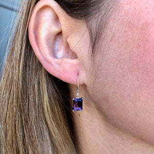 Amethyst Earrings, February Birthstone, Dark Purple Amethyst Emerald Cut Earrings in Gold or Silver, Rectangle prong Drops, Gift under 50 image 7